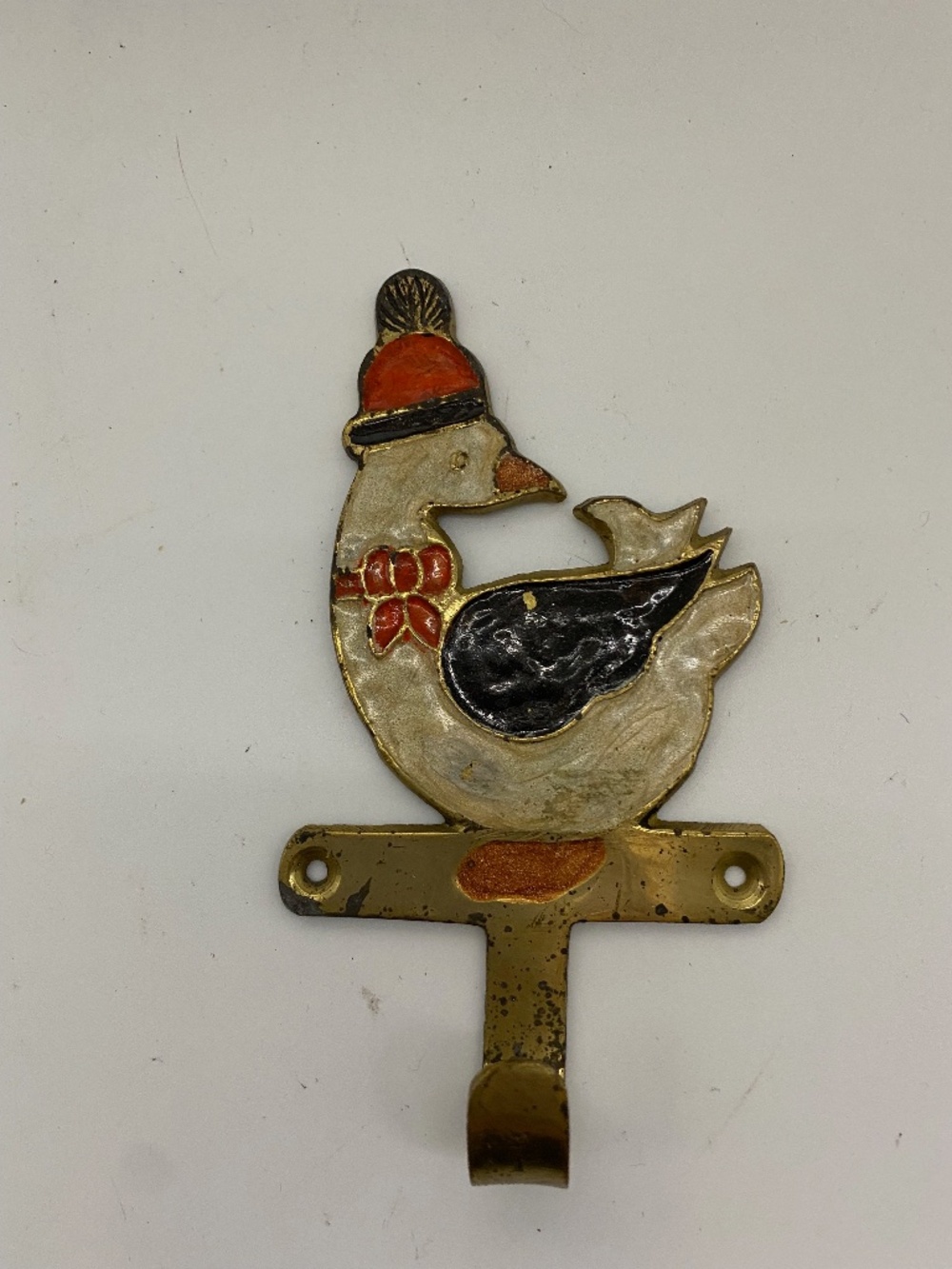 Vintage German Solid Brass And Enamel Fairytale Duck Hook